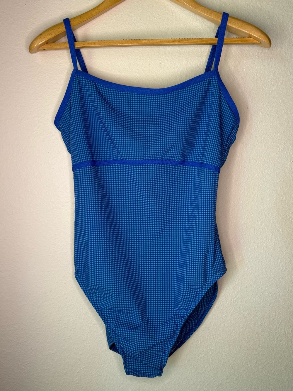 Lands’ End Women’s size 16 Blue Gingham One Piece Swimsuit with Shelf Bra